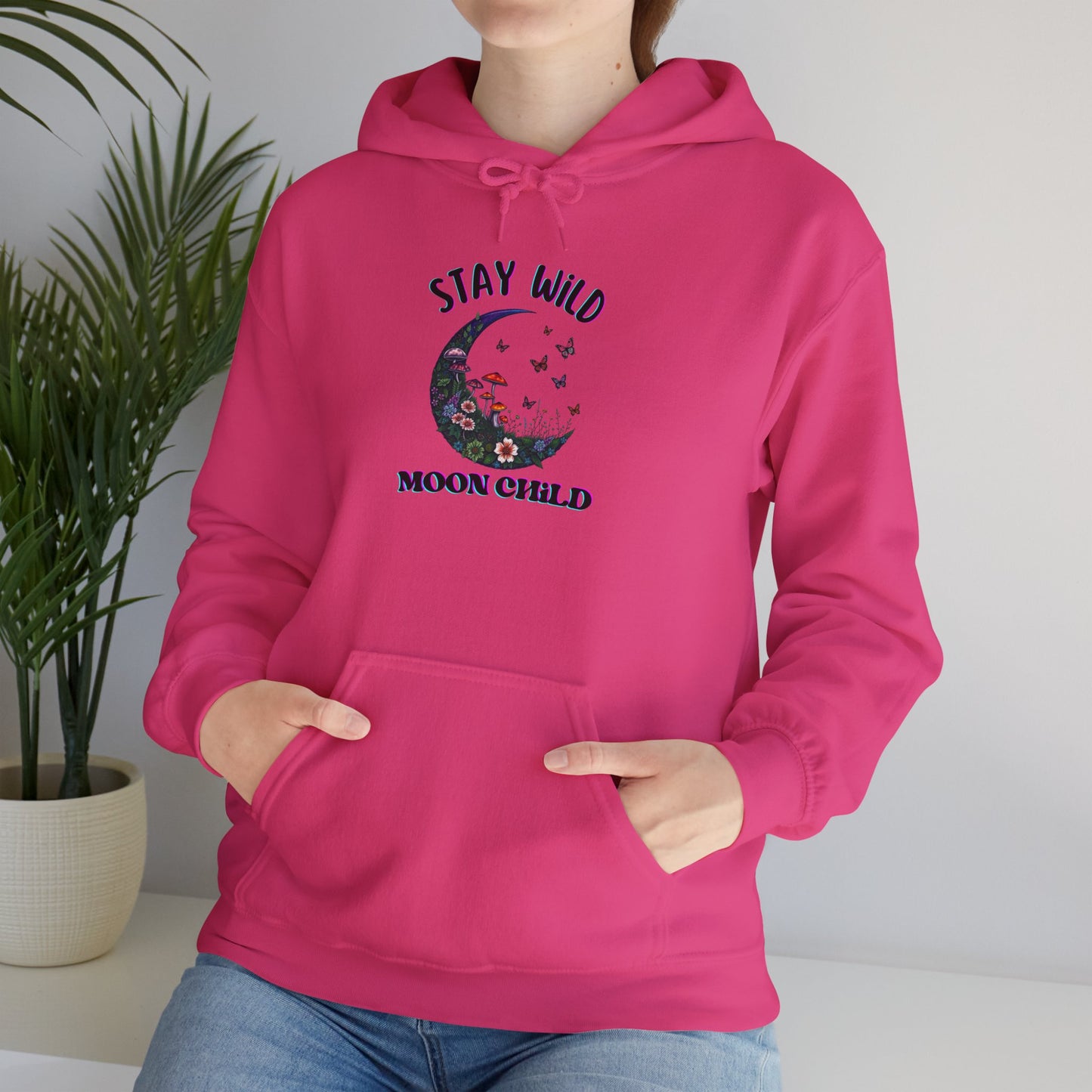 Unisex Adult Nature Crescent Moon Hoodie, “Stay Wild Moon Child”, Nature, Mushroom Flower Sweatshirt Gift S-5XL (Multiple Color Choices)