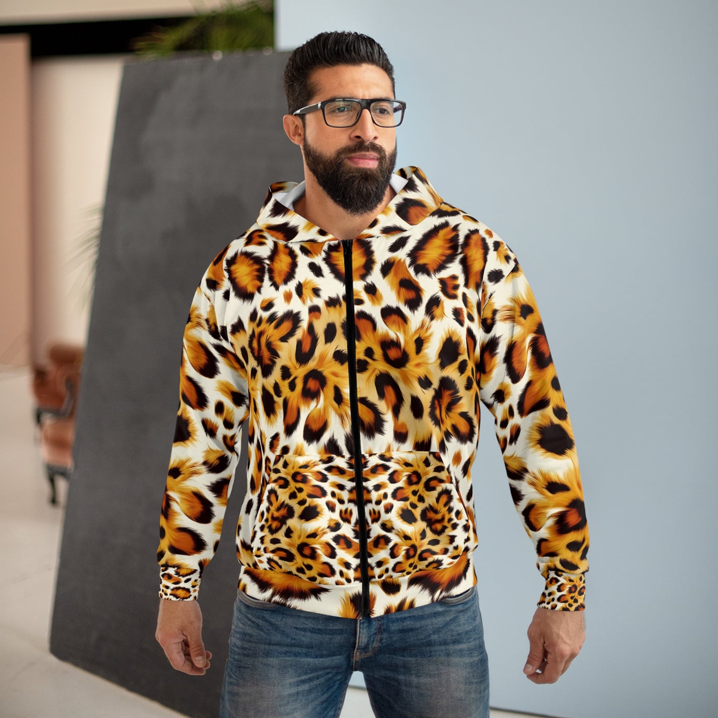 Adult Unisex Cheetah Print Zip Hoodie, Animal Wild Big Cat Hoodie, Leopard Print Sweatshirt, Trendy S-2XL