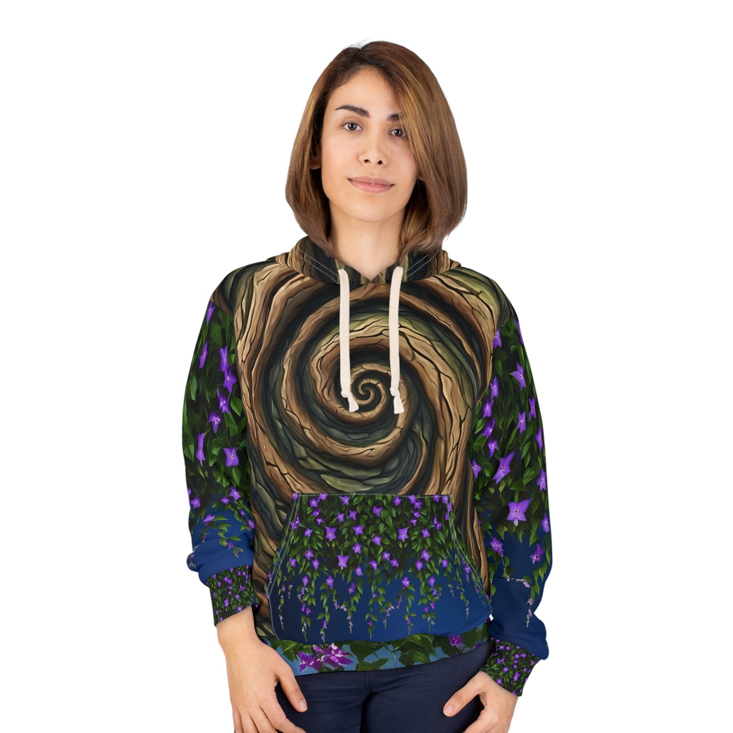 Unisex Hoodie AOP Fantasy Nature Spiral Tree Hoodie, Purple Clematis flower Vines, Tree Girl Unusual Unique Original Art XS-2XL