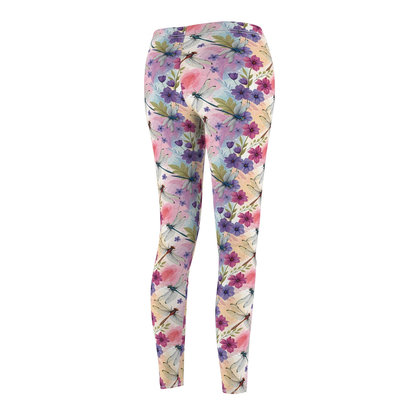 Women’s Leggings with Pastel Flowers and Dragonflies, Nature, Floral Casual Comfortable Stretchy Yoga Pants XS-2XL