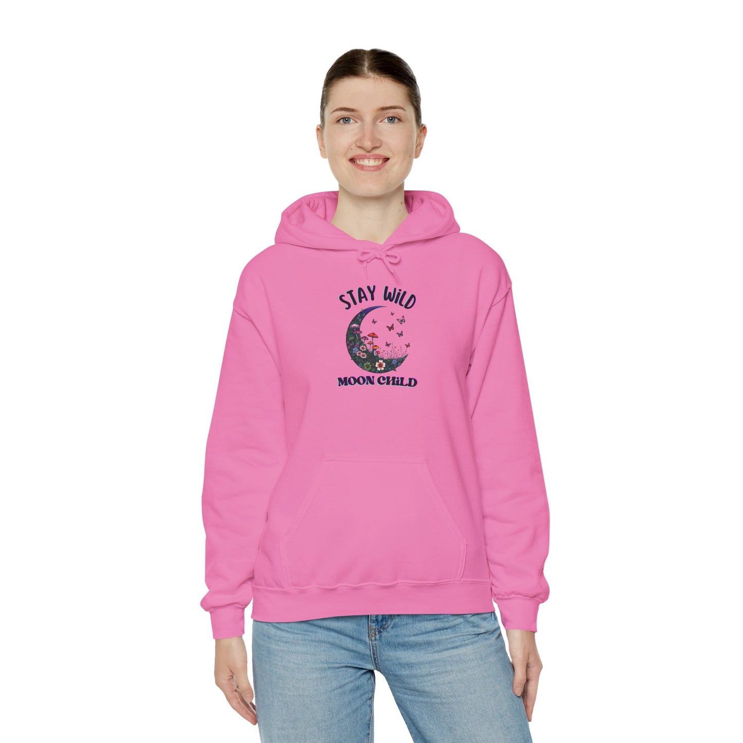 Unisex Adult Nature Crescent Moon Hoodie, “Stay Wild Moon Child”, Nature, Mushroom Flower Sweatshirt Gift S-5XL (Multiple Color Choices)