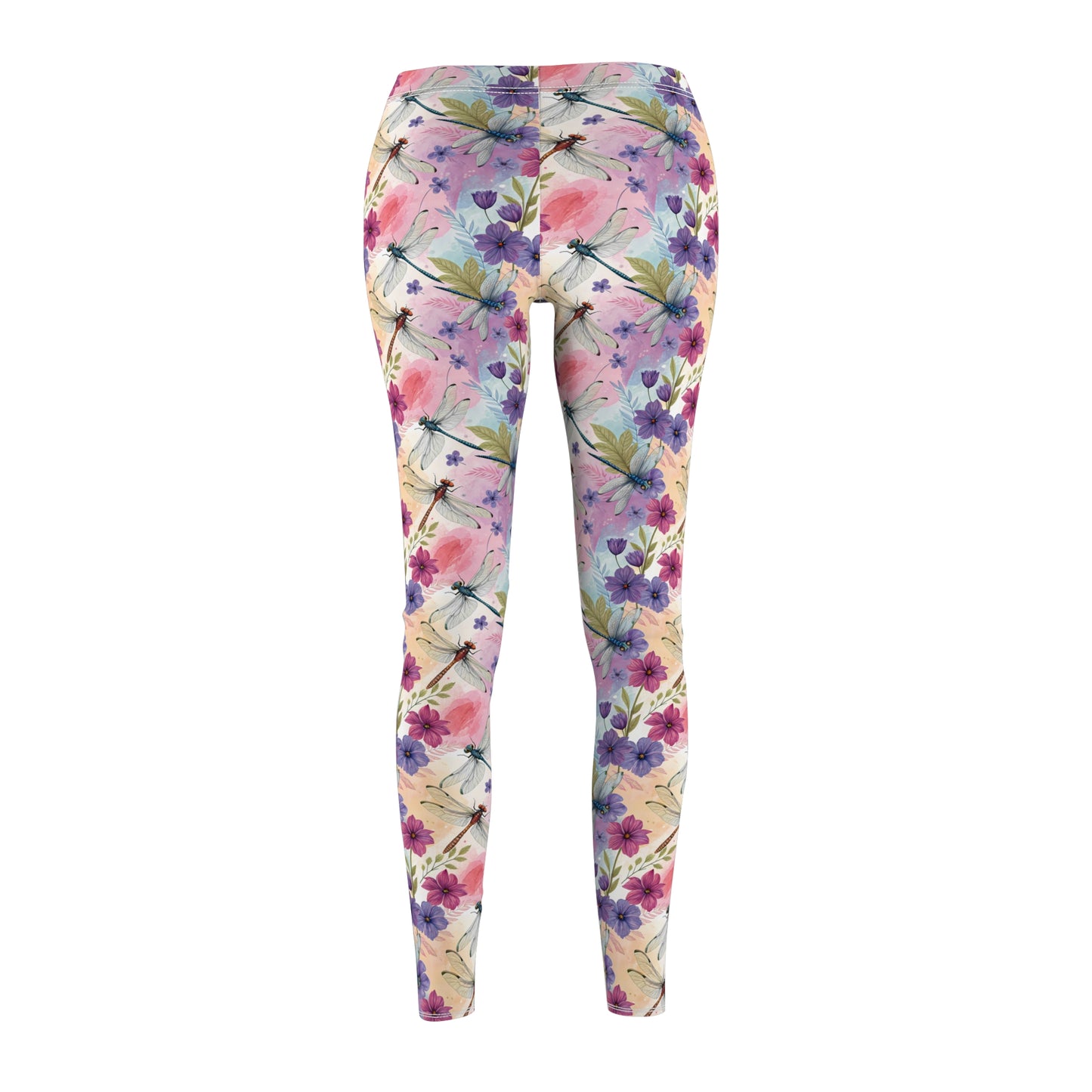 Women’s Leggings with Pastel Flowers and Dragonflies, Nature, Floral Casual Comfortable Stretchy Yoga Pants XS-2XL