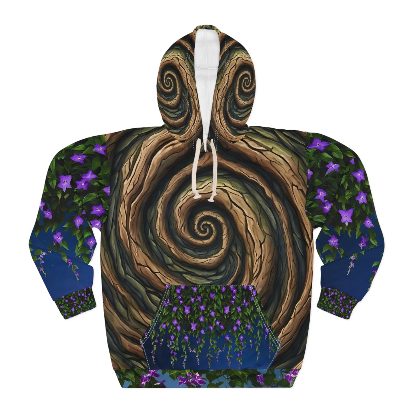 Unisex Hoodie AOP Fantasy Nature Spiral Tree Hoodie, Purple Clematis flower Vines, Tree Girl Unusual Unique Original Art XS-2XL