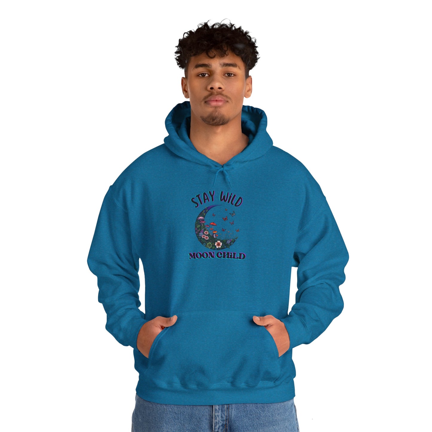 Unisex Adult Nature Crescent Moon Hoodie, “Stay Wild Moon Child”, Nature, Mushroom Flower Sweatshirt Gift S-5XL (Multiple Color Choices)