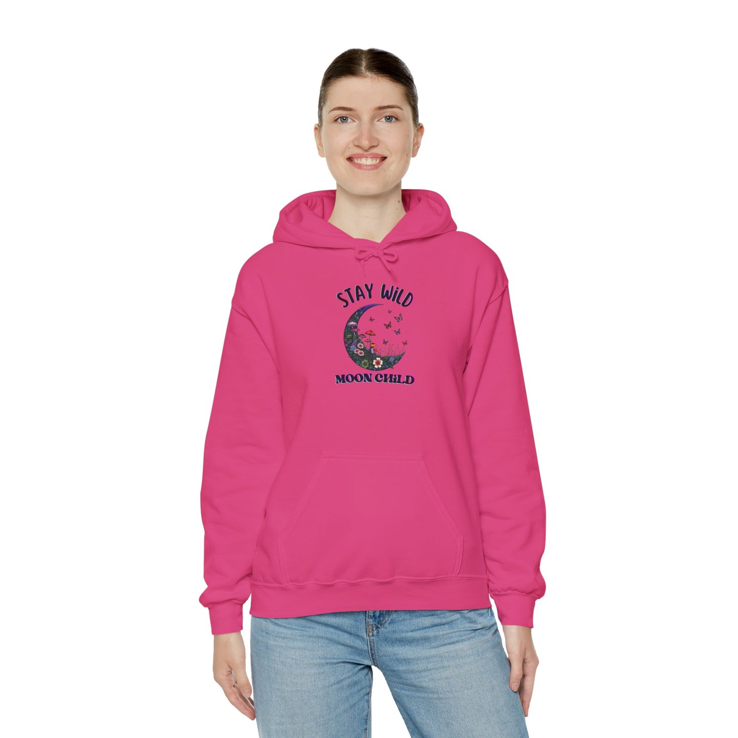 Unisex Adult Nature Crescent Moon Hoodie, “Stay Wild Moon Child”, Nature, Mushroom Flower Sweatshirt Gift S-5XL (Multiple Color Choices)