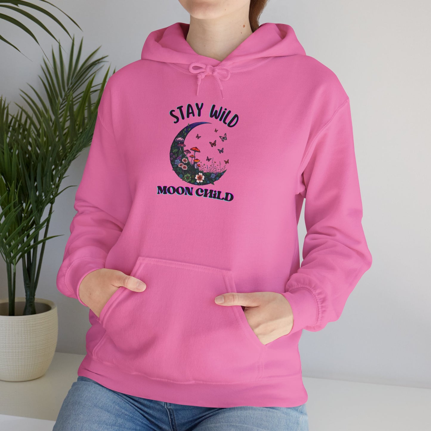 Unisex Adult Nature Crescent Moon Hoodie, “Stay Wild Moon Child”, Nature, Mushroom Flower Sweatshirt Gift S-5XL (Multiple Color Choices)