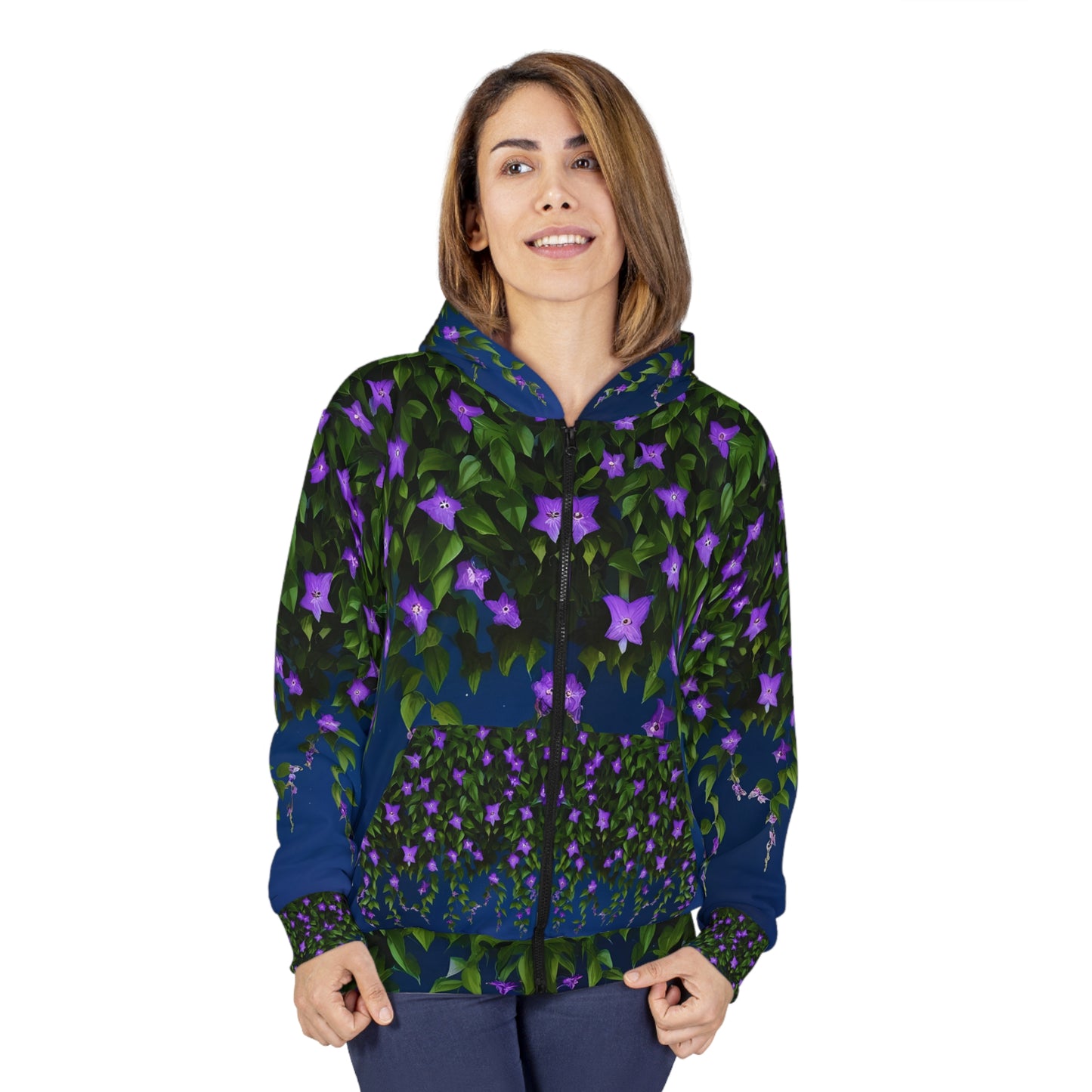 Adult Unisex Purple Clematis Vines Zip Hoodie, Floral Night Blooms Sweatshirt, Garden Lover Florist Nature Gift S-2XL