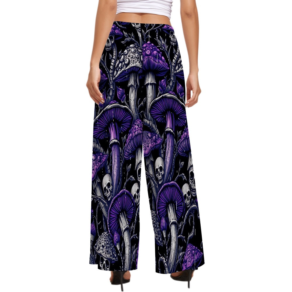 Women's Personalized Wide Leg Flowy High Waisted Yoga Pants Gothic Purple Mushrooms and Skulls Trendy Casual Comfort