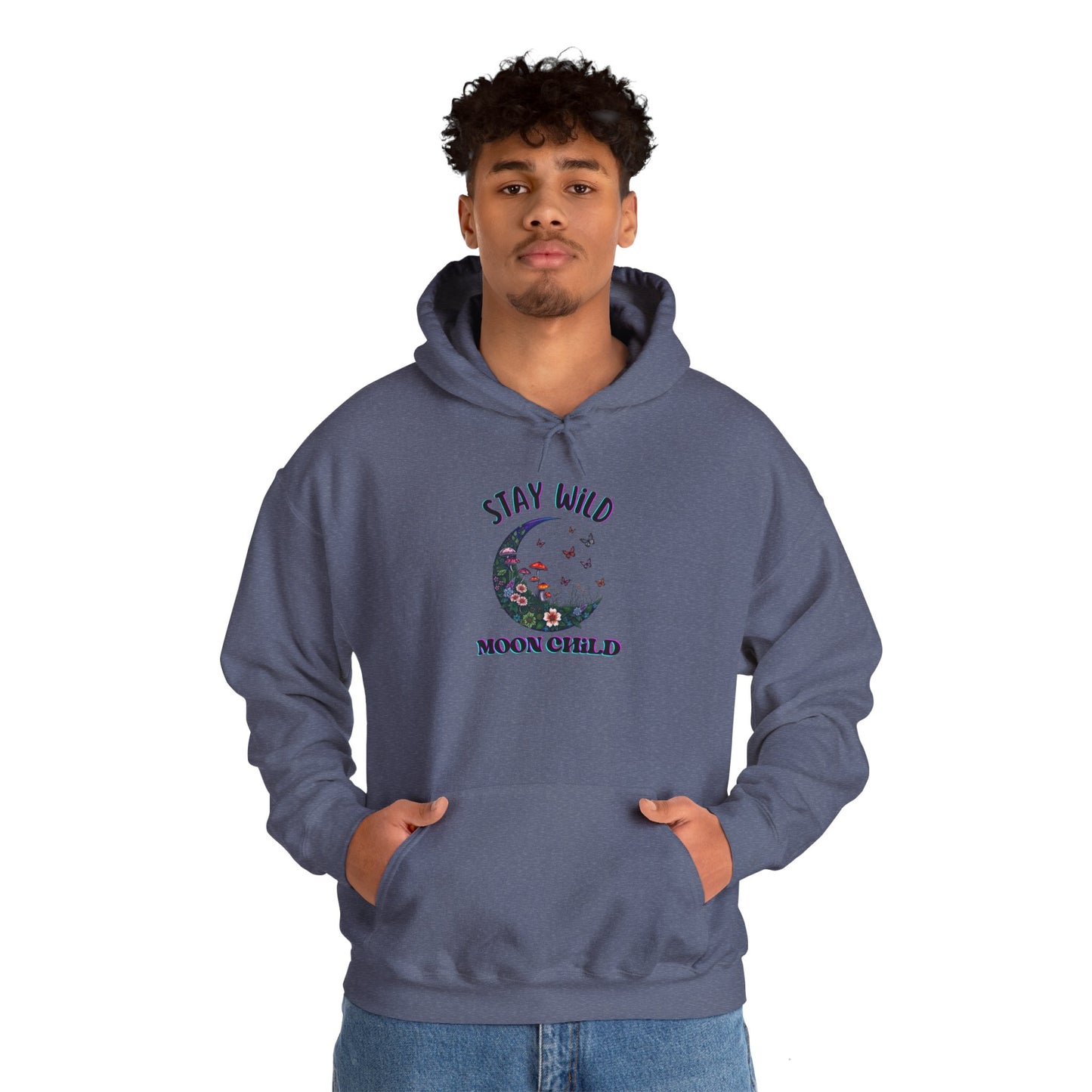 Unisex Adult Nature Crescent Moon Hoodie, “Stay Wild Moon Child”, Nature, Mushroom Flower Sweatshirt Gift S-5XL (Multiple Color Choices)