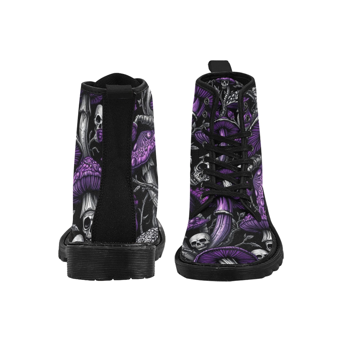 Men's Lace Up Canvas Boots Gothic Purple & Black Mushrooms and Skull Combat Boot Trendy