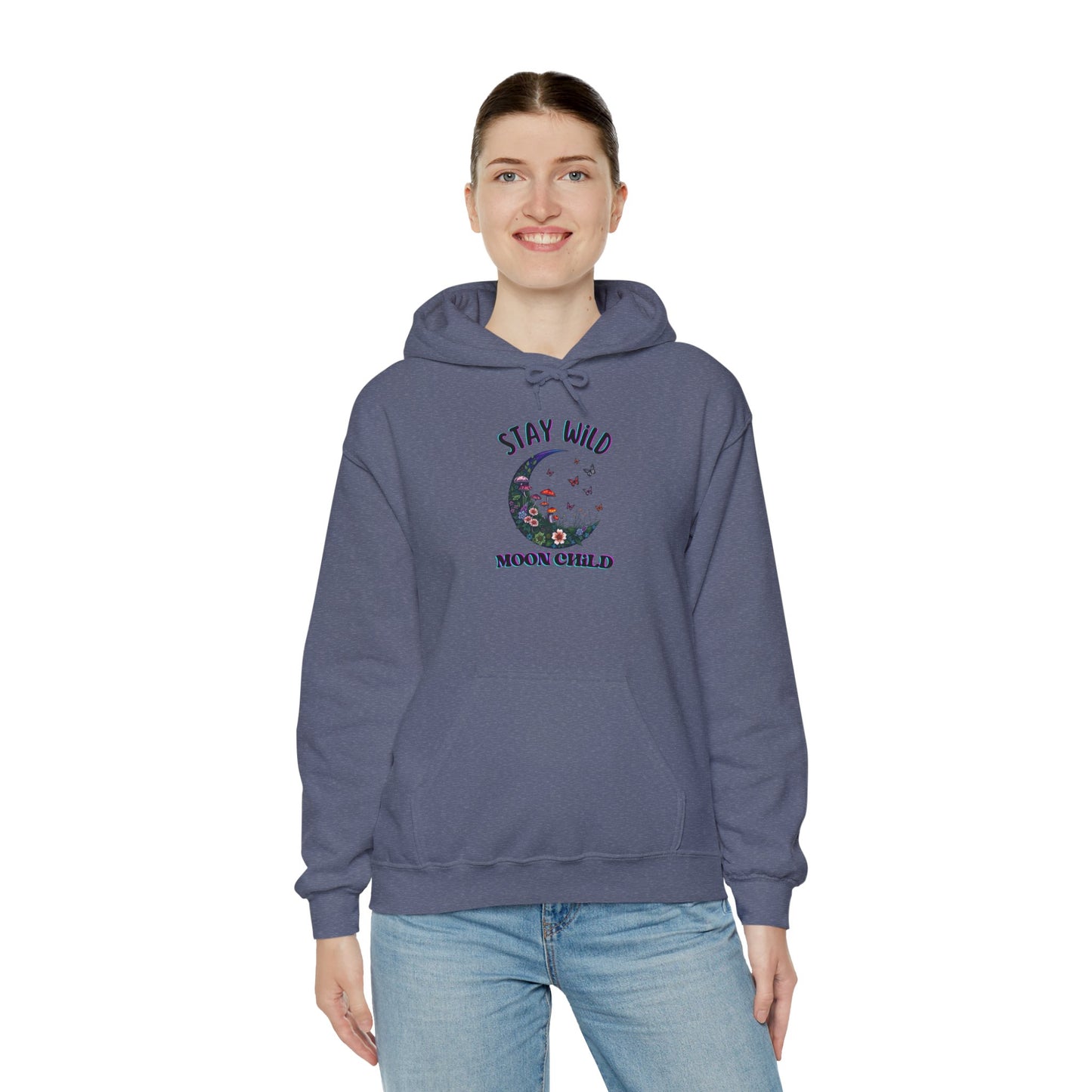 Unisex Adult Nature Crescent Moon Hoodie, “Stay Wild Moon Child”, Nature, Mushroom Flower Sweatshirt Gift S-5XL (Multiple Color Choices)