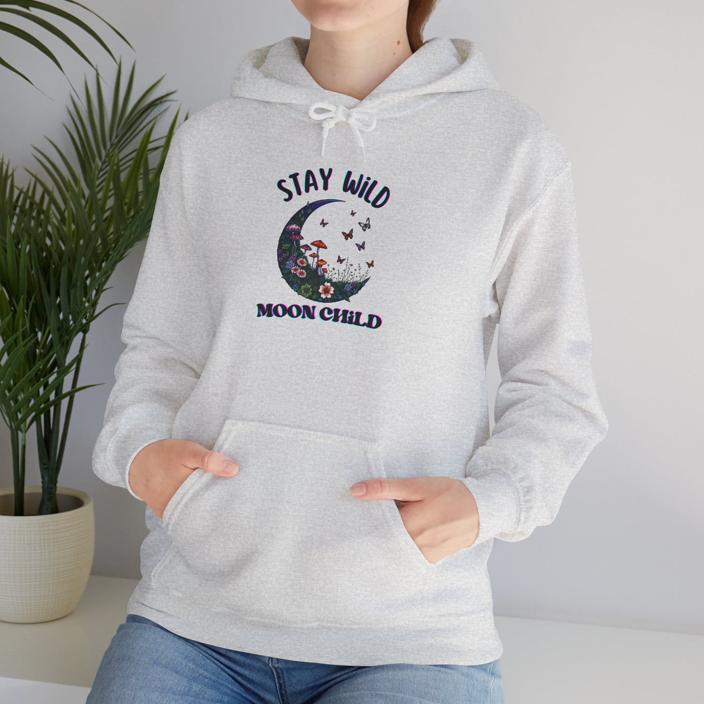 Unisex Adult Nature Crescent Moon Hoodie, “Stay Wild Moon Child”, Nature, Mushroom Flower Sweatshirt Gift S-5XL (Multiple Color Choices)