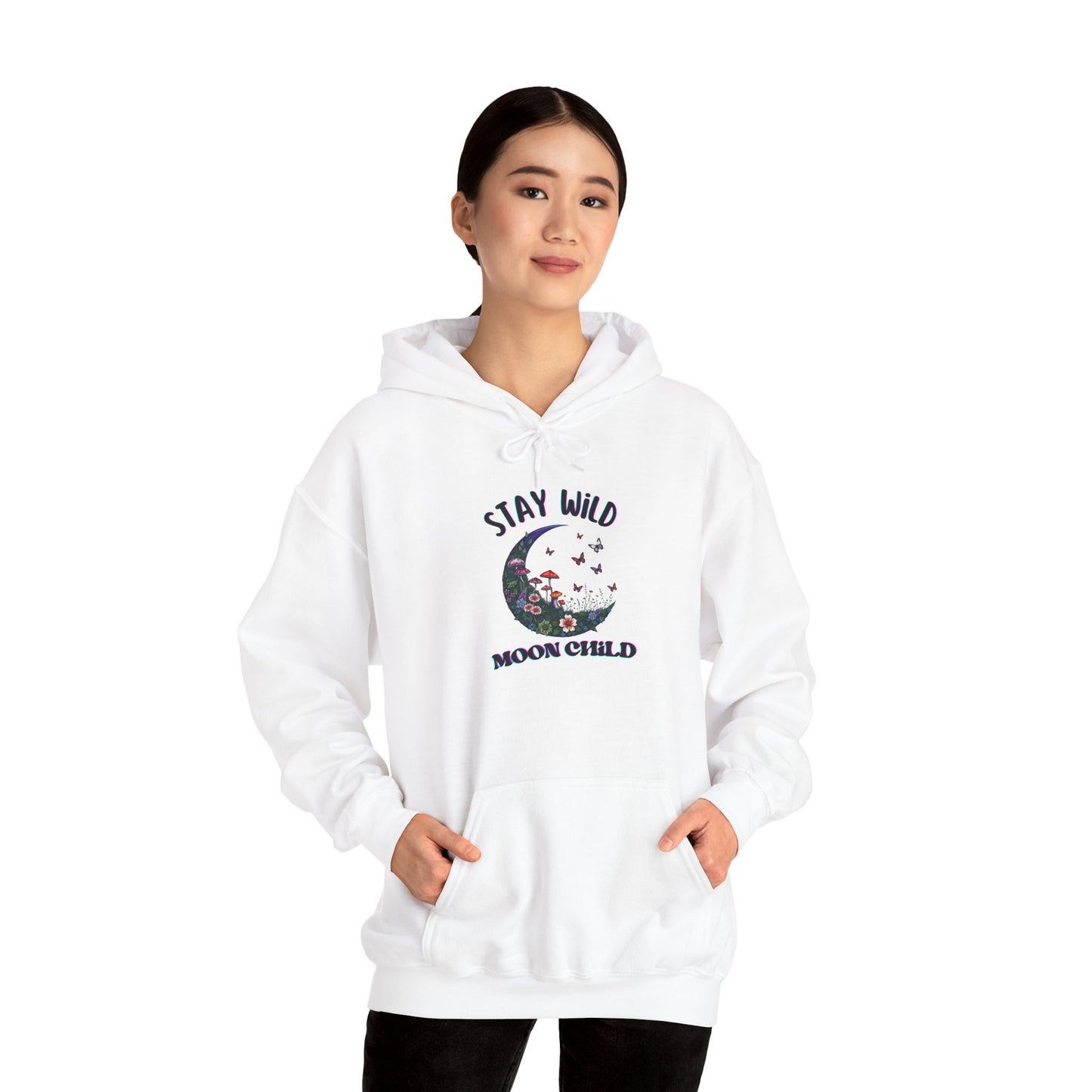 Unisex Adult Nature Crescent Moon Hoodie, “Stay Wild Moon Child”, Nature, Mushroom Flower Sweatshirt Gift S-5XL (Multiple Color Choices)