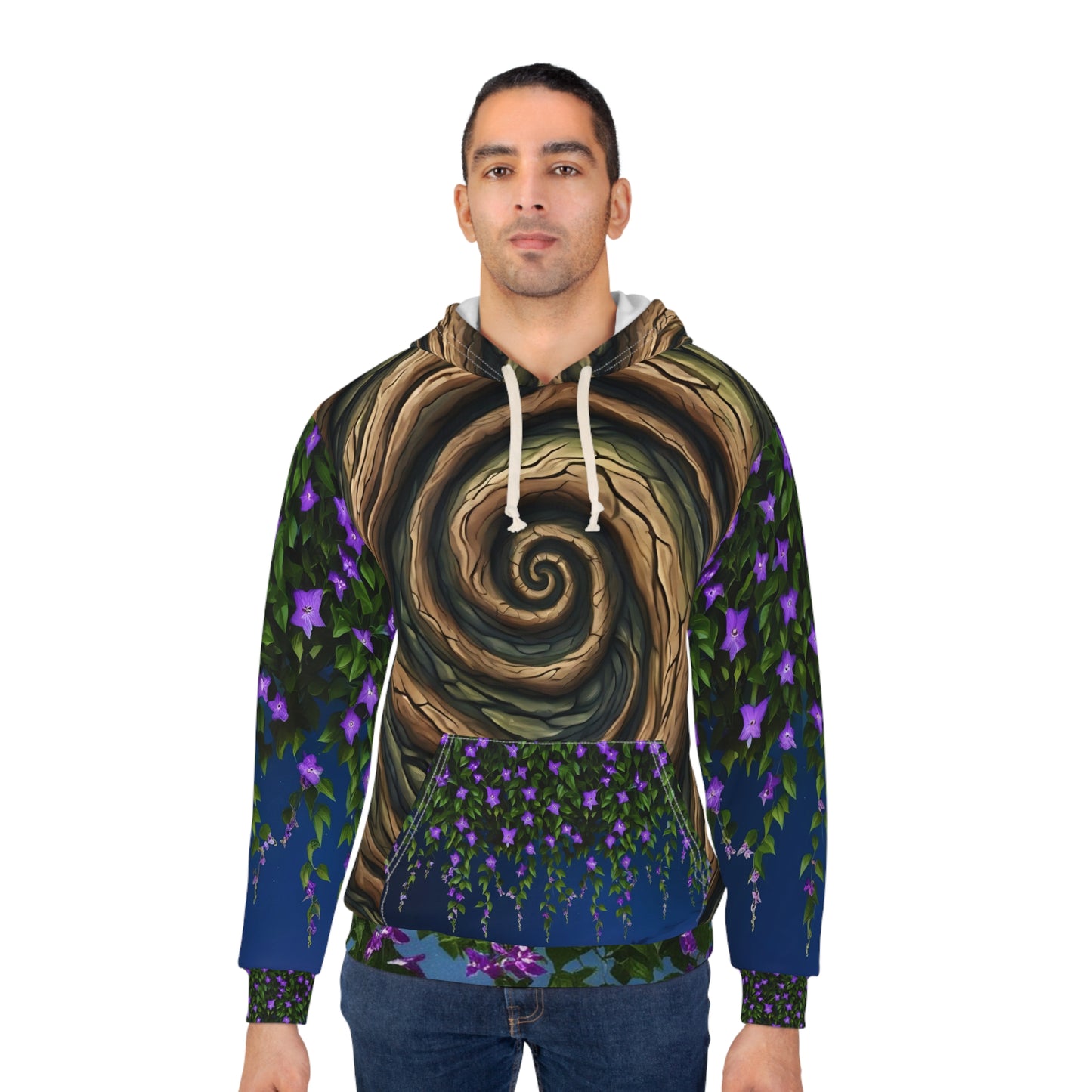 Unisex Hoodie AOP Fantasy Nature Spiral Tree Hoodie, Purple Clematis flower Vines, Tree Girl Unusual Unique Original Art XS-2XL