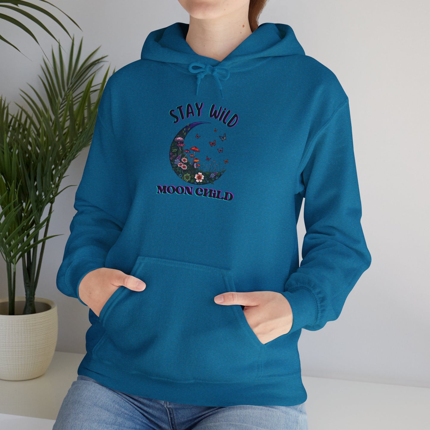 Unisex Adult Nature Crescent Moon Hoodie, “Stay Wild Moon Child”, Nature, Mushroom Flower Sweatshirt Gift S-5XL (Multiple Color Choices)