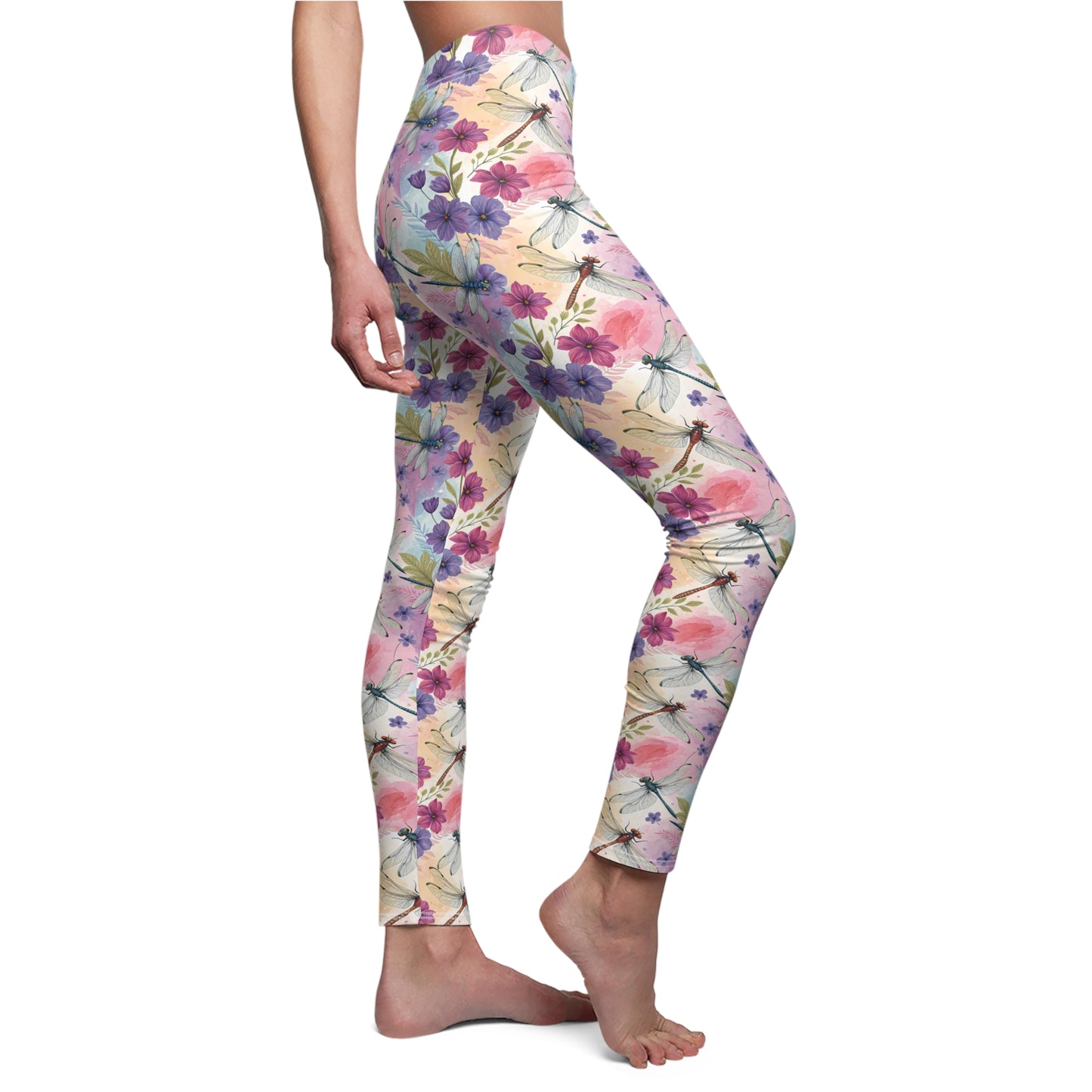 Women’s Leggings with Pastel Flowers and Dragonflies, Nature, Floral Casual Comfortable Stretchy Yoga Pants XS-2XL