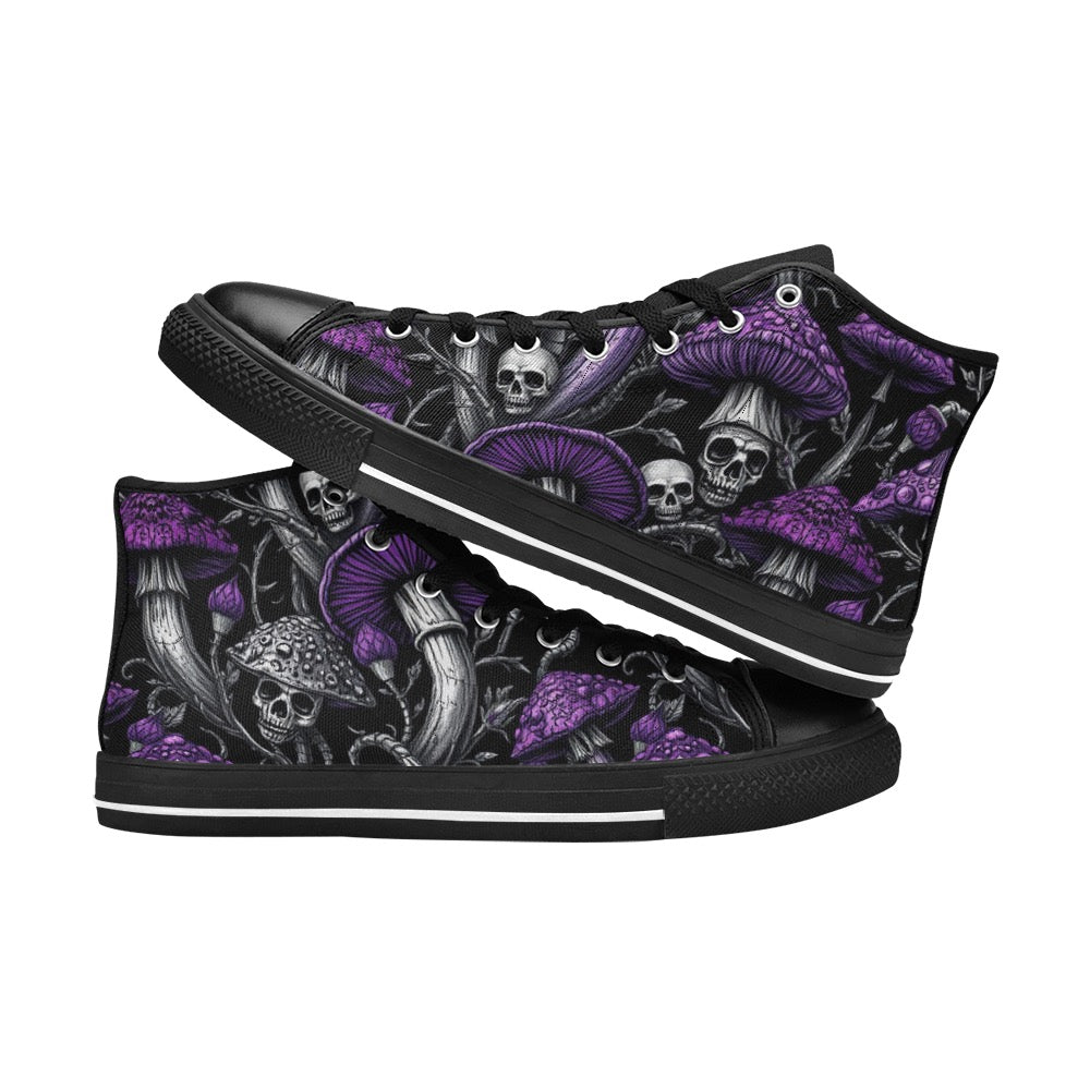 Custom High Top Canvas Shoes for Women Gothic Purple Mushrooms and Skulls Classic Style Trendy Skater Shoe