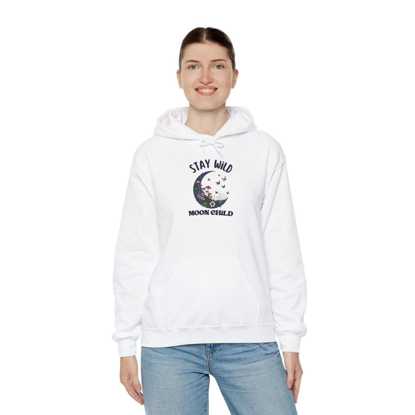 Unisex Adult Nature Crescent Moon Hoodie, “Stay Wild Moon Child”, Nature, Mushroom Flower Sweatshirt Gift S-5XL (Multiple Color Choices)