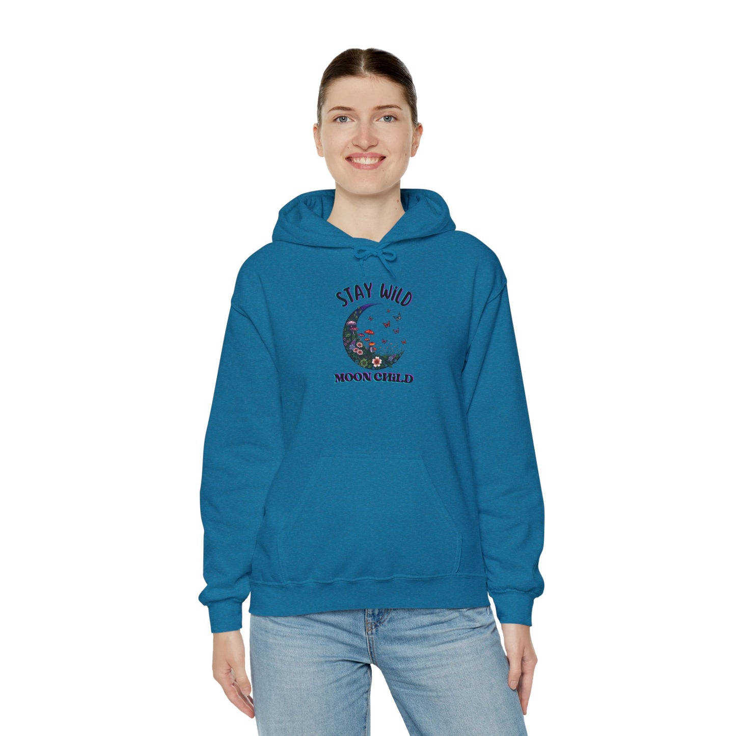 Unisex Adult Nature Crescent Moon Hoodie, “Stay Wild Moon Child”, Nature, Mushroom Flower Sweatshirt Gift S-5XL (Multiple Color Choices)