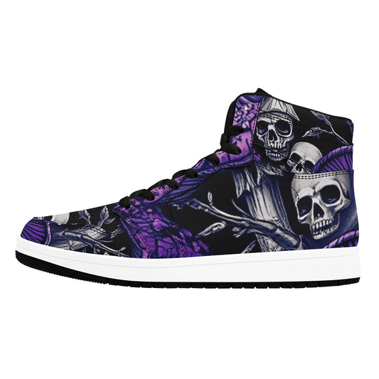 Men's High Top Basketball Sneakers Gothic Purple Mushrooms & Skulls