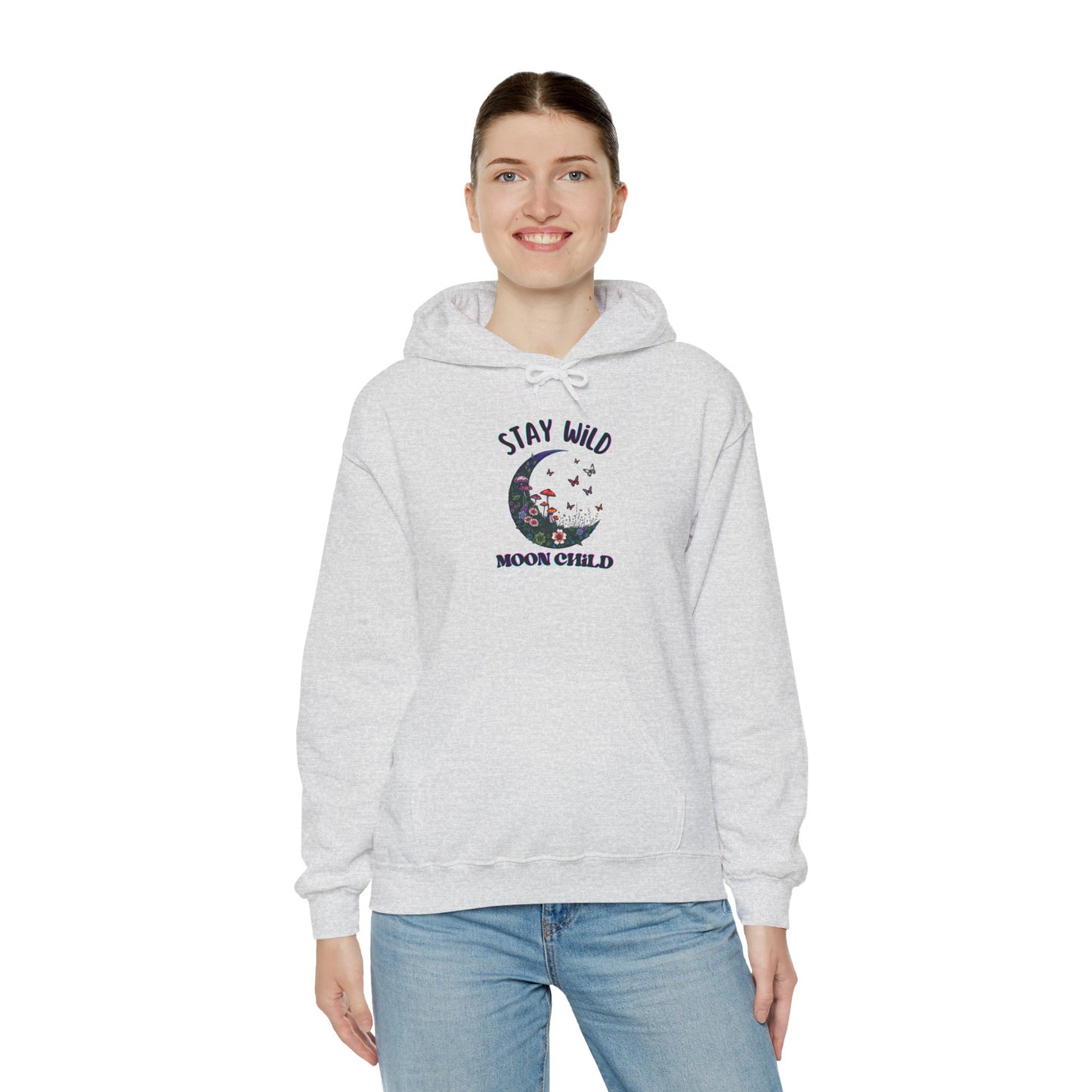 Unisex Adult Nature Crescent Moon Hoodie, “Stay Wild Moon Child”, Nature, Mushroom Flower Sweatshirt Gift S-5XL (Multiple Color Choices)