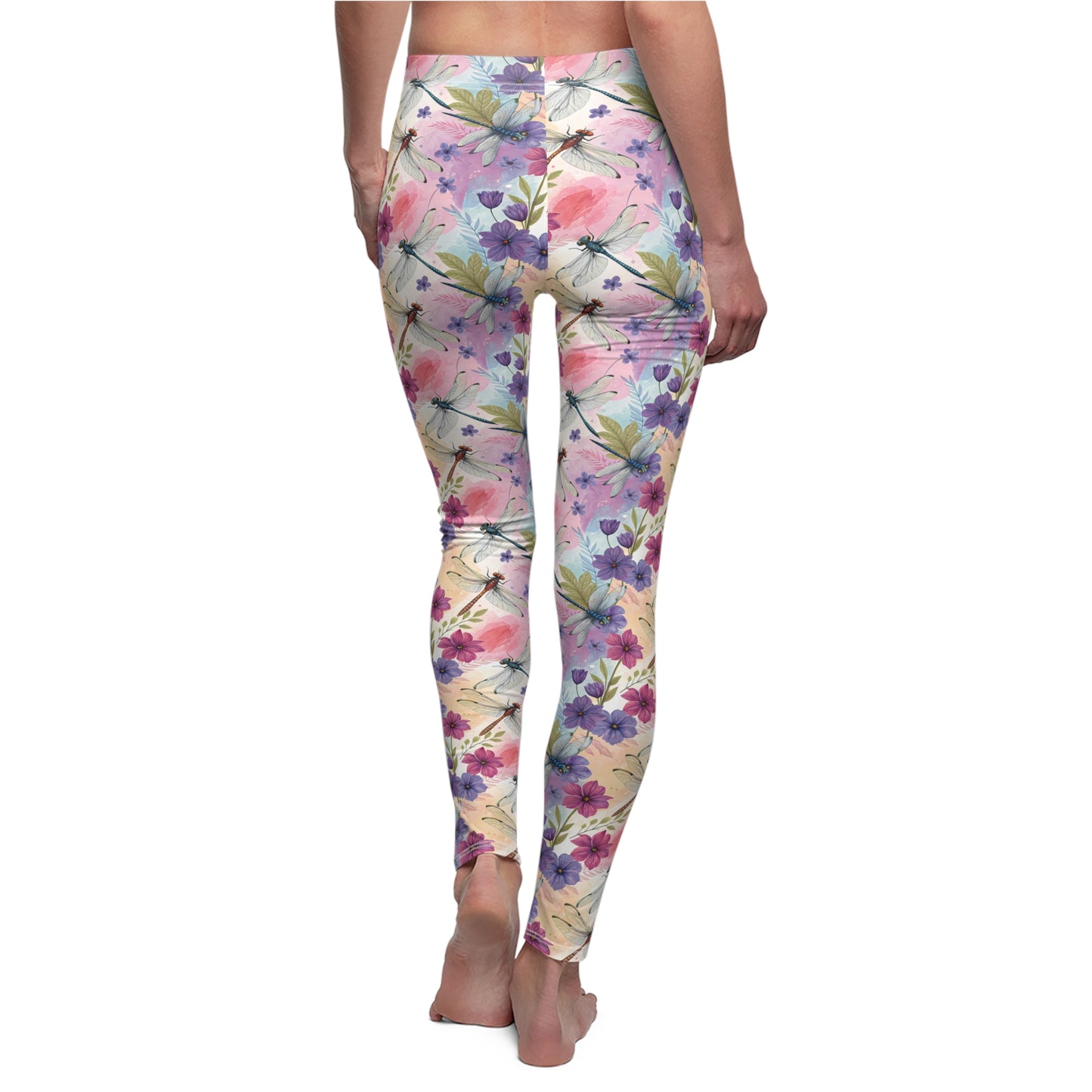 Women’s Leggings with Pastel Flowers and Dragonflies, Nature, Floral Casual Comfortable Stretchy Yoga Pants XS-2XL