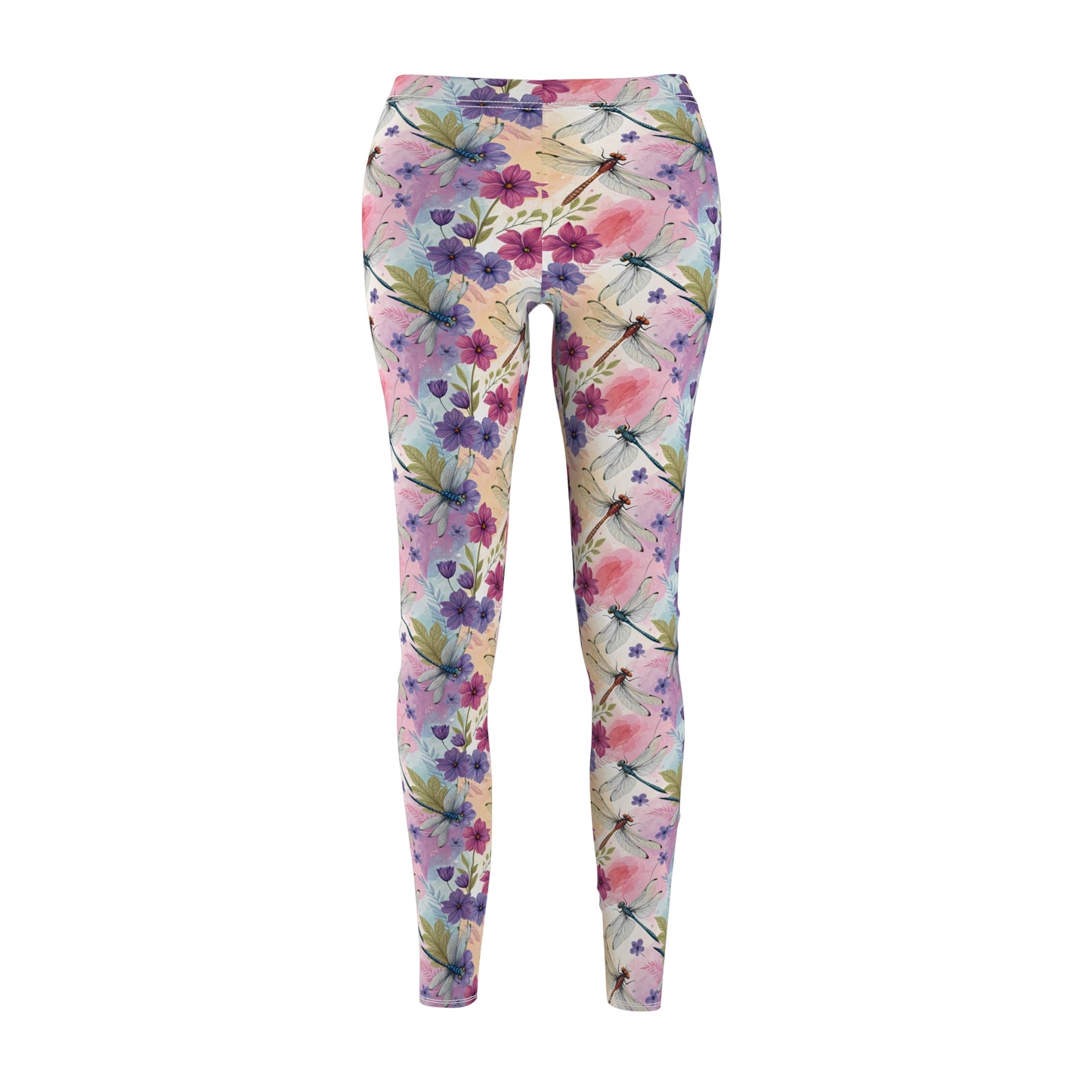 Women’s Leggings with Pastel Flowers and Dragonflies, Nature, Floral Casual Comfortable Stretchy Yoga Pants XS-2XL