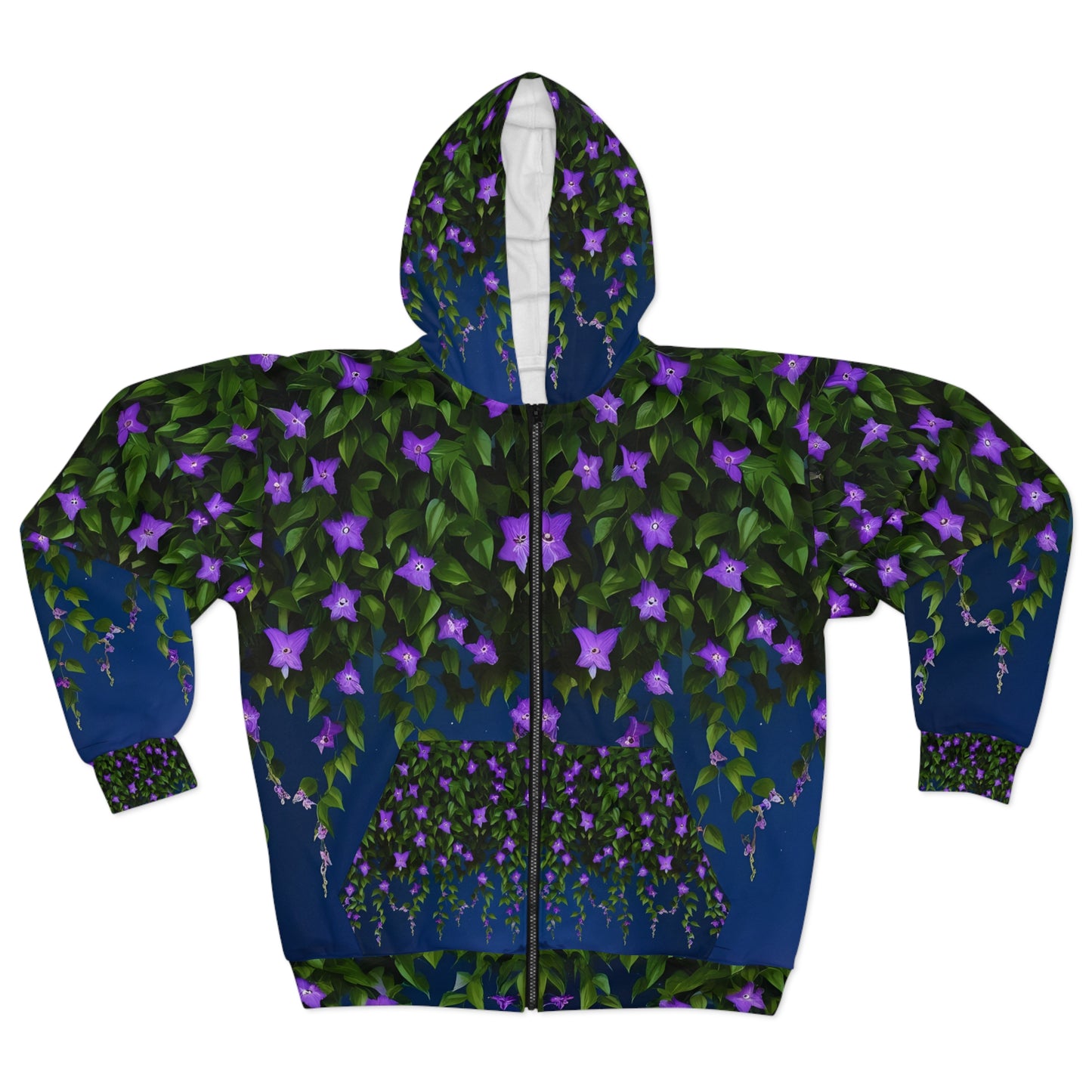 Adult Unisex Purple Clematis Vines Zip Hoodie, Floral Night Blooms Sweatshirt, Garden Lover Florist Nature Gift S-2XL