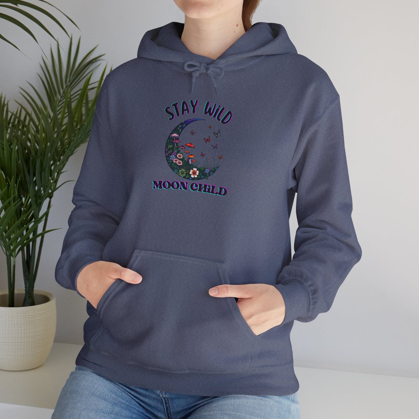 Unisex Adult Nature Crescent Moon Hoodie, “Stay Wild Moon Child”, Nature, Mushroom Flower Sweatshirt Gift S-5XL (Multiple Color Choices)