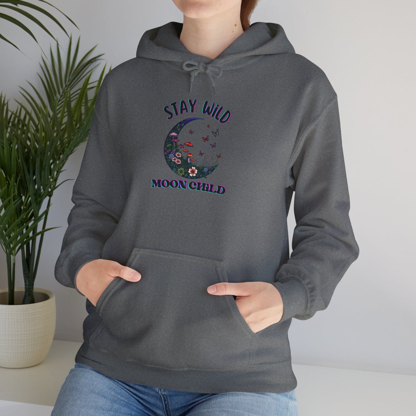 Unisex Adult Nature Crescent Moon Hoodie, “Stay Wild Moon Child”, Nature, Mushroom Flower Sweatshirt Gift S-5XL (Multiple Color Choices)