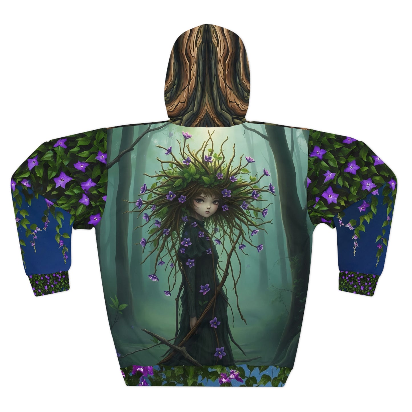 Unisex Hoodie AOP Fantasy Nature Spiral Tree Hoodie, Purple Clematis flower Vines, Tree Girl Unusual Unique Original Art XS-2XL