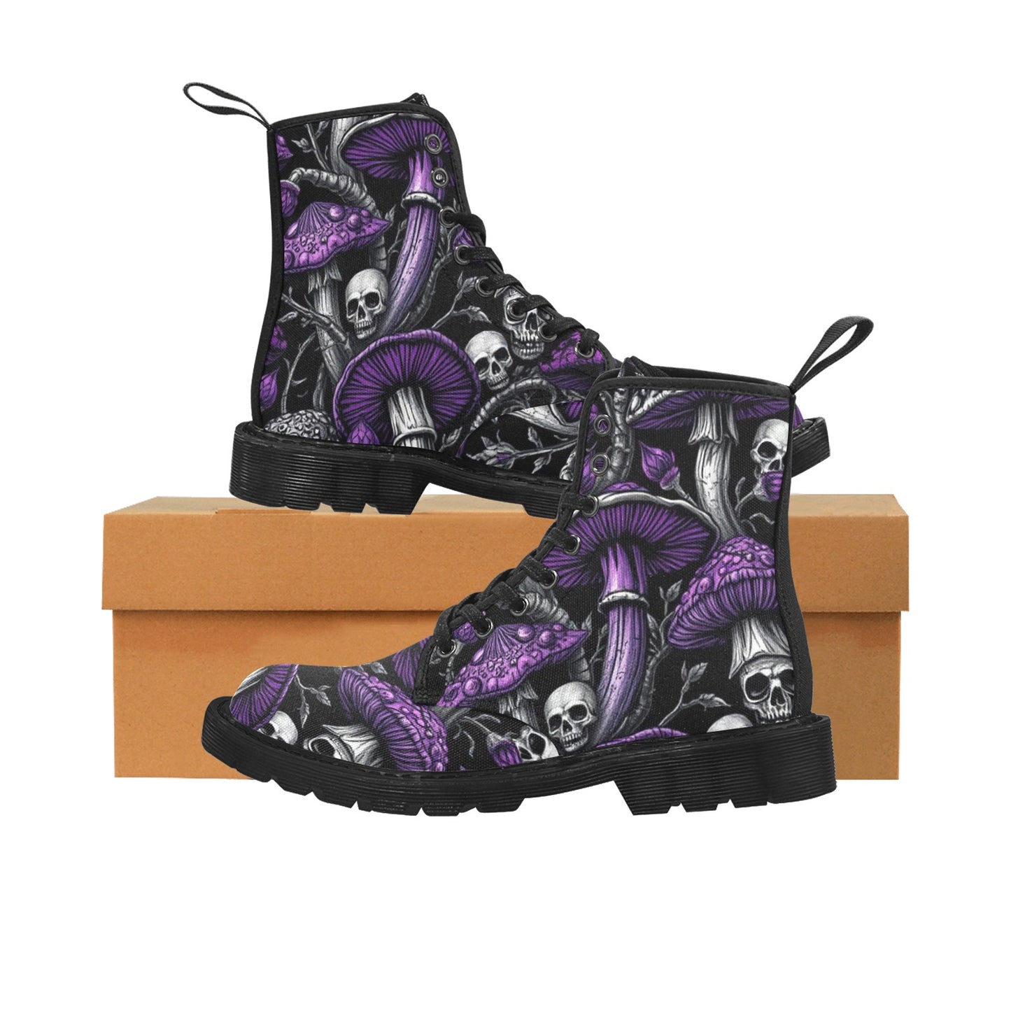 Men's Lace Up Canvas Boots Gothic Purple & Black Mushrooms and Skull Combat Boot Trendy