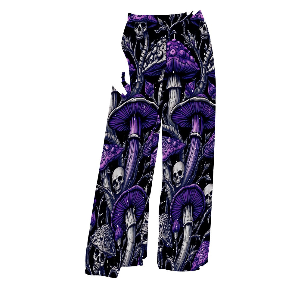 Women's Personalized Wide Leg Flowy High Waisted Yoga Pants Gothic Purple Mushrooms and Skulls Trendy Casual Comfort