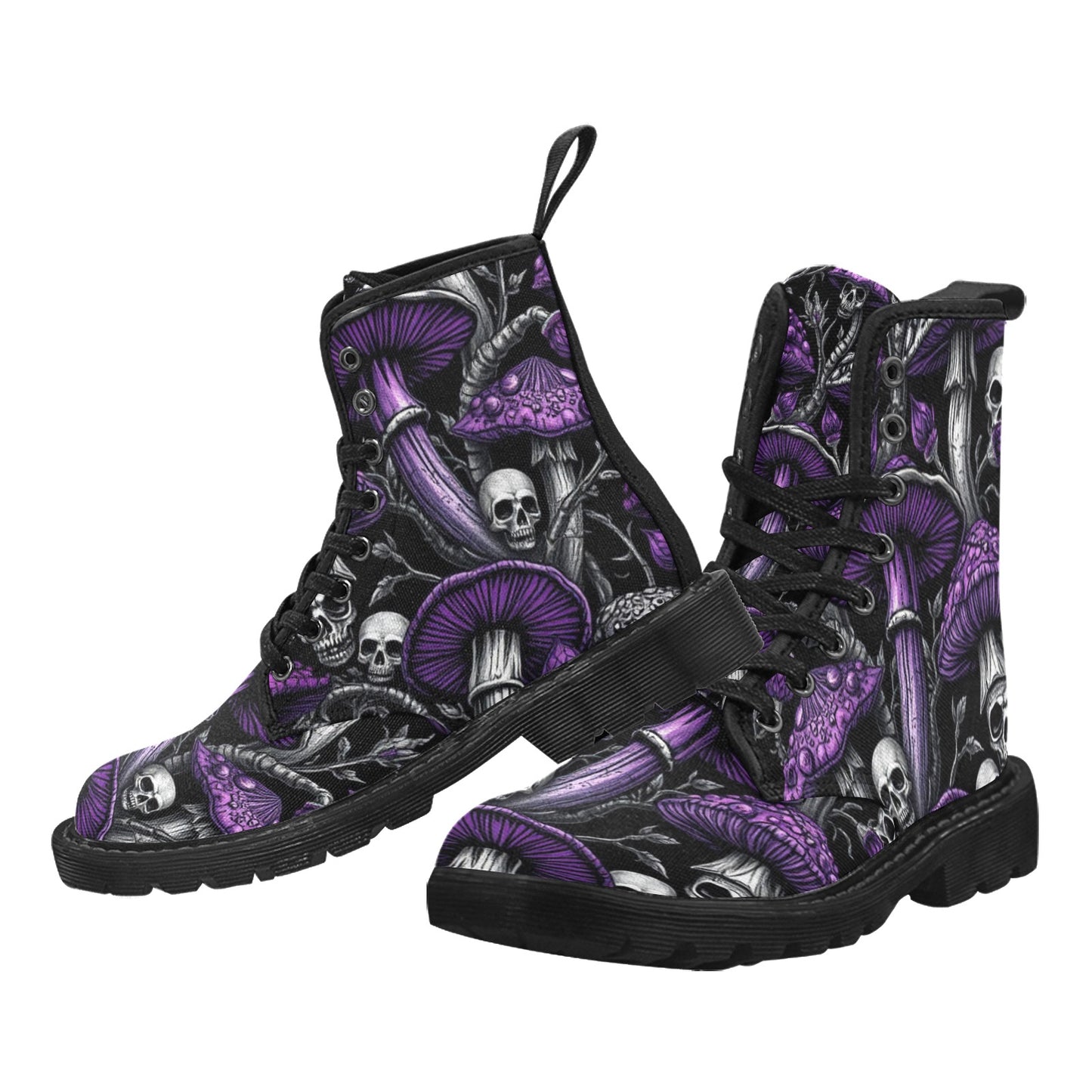 Men's Lace Up Canvas Boots Gothic Purple & Black Mushrooms and Skull Combat Boot Trendy