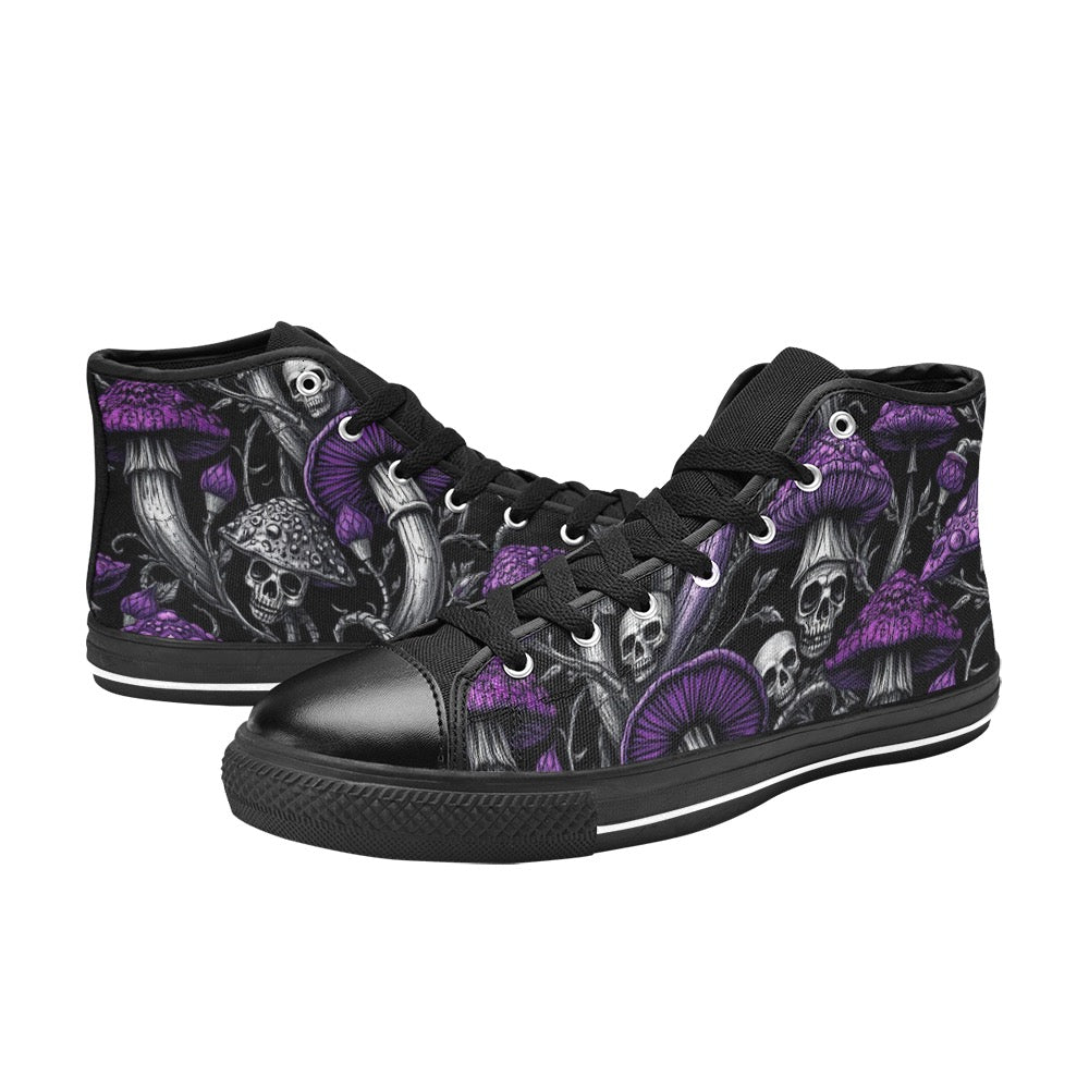 Custom High Top Canvas Shoes for Women Gothic Purple Mushrooms and Skulls Classic Style Trendy Skater Shoe