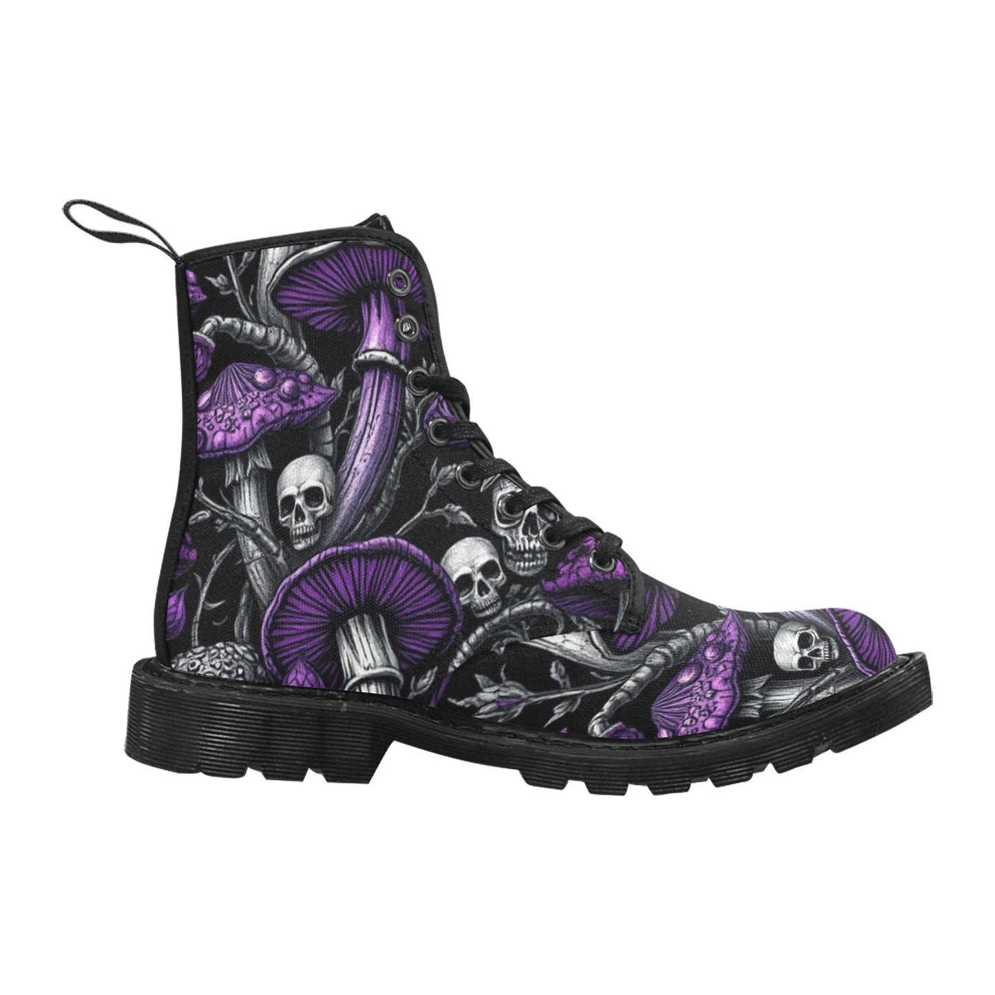 Men's Lace Up Canvas Boots Gothic Purple & Black Mushrooms and Skull Combat Boot Trendy