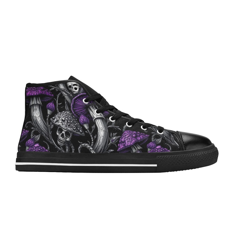 Custom High Top Canvas Shoes for Women Gothic Purple Mushrooms and Skulls Classic Style Trendy Skater Shoe