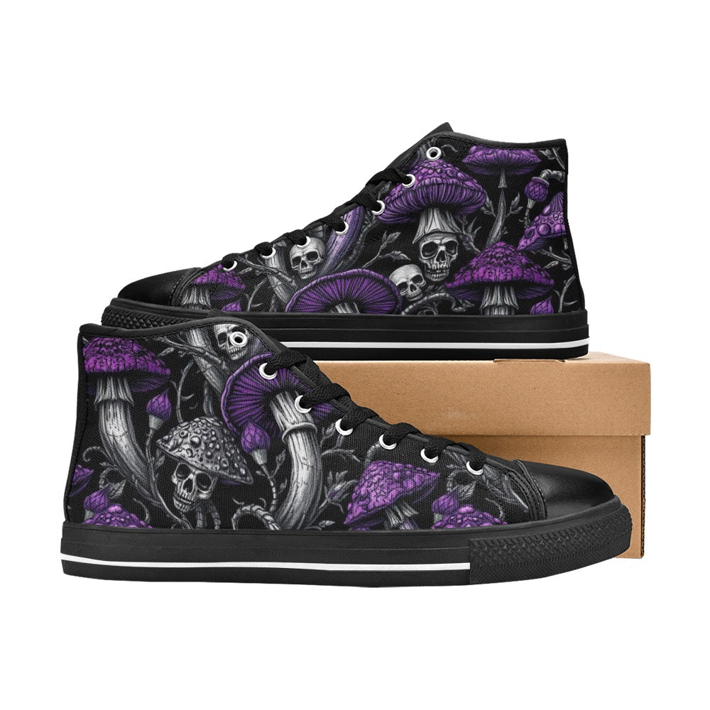 Custom High Top Canvas Shoes for Women Gothic Purple Mushrooms and Skulls Classic Style Trendy Skater Shoe