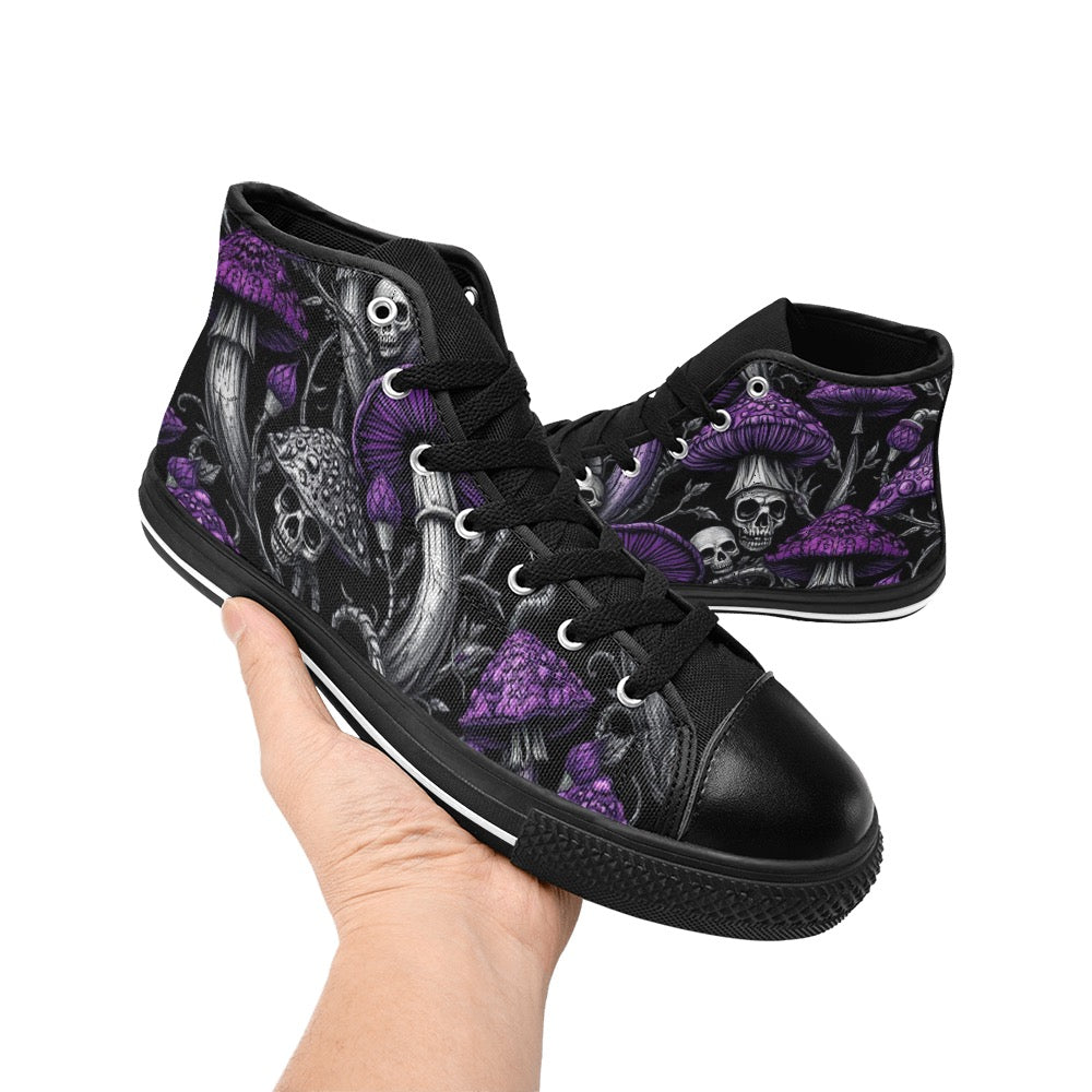 Custom High Top Canvas Shoes for Women Gothic Purple Mushrooms and Skulls Classic Style Trendy Skater Shoe