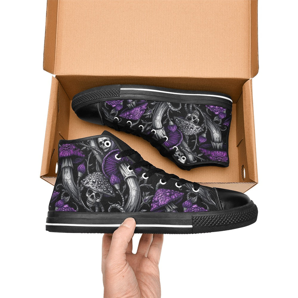 Custom High Top Canvas Shoes for Women Gothic Purple Mushrooms and Skulls Classic Style Trendy Skater Shoe